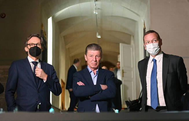 MOSCOW REGION, RUSSIA â€“ JANUARY 6, 2022: The German Chancellor s foreign and security policy adviser Jens Plotner, Deputy Chief of Staff of Russiaâ€™s Presidential Executive Office Dmitry Kozak and the French president s diplomatic advisor Emmanuel Bonne are seen in the Arkhangelskoye museum estate during Normandy format talks to discuss Ukraine crisis de-escalation and strengthening strategic stability in Europe. Grigory Sysoyev POOL TASS  TS11E289