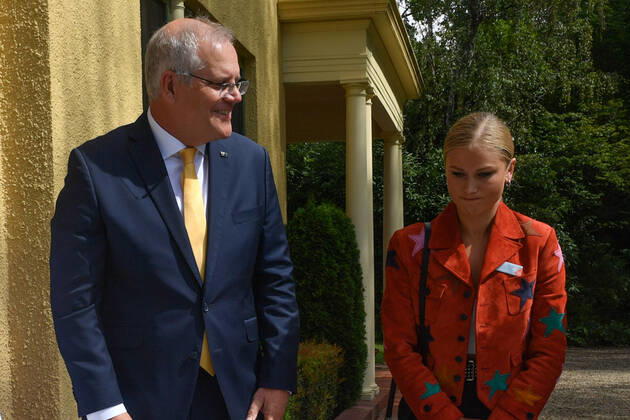 2022 AUSTRALIAN OF THE YEAR AWARDS MORNING TEA, Prime Minister Scott Morrison and 2021 Australian of the Year Grace Tame during a morning tea for state and territory recipients in the 2022 Australian of the Year Awards at The Lodge in Canberra, Tuesday, January 25, 2022. ( NO ARCHIVING, EDITORIAL USE ONLY, NO USE IN BOOKS WITHOUT CONSENT CANBERRA ACT AUSTRALIA  Copyright: xMICKxTSIKASx 20220125001616760653