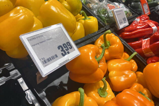 VERBRAUCHERPREISE: Inflation in Deutschland im Januar hoeher als erwartet.Preisschild,Preisaushang an der Gemuestheke,Paprika,Paprikaschoten, Einkauf,Inflation,Verbraucherpreise,Teuerung,