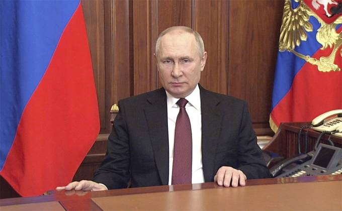February 24, 2022, Moscow, Moscow Oblast, Russia: Russian President VLADIMIR PUTIN delivers an address to the Russian people announcing the invasion of Ukraine from the Kremlin in Moscow, Russia. Moscow Russia - ZUMAp138 20220224_zaa_p138_001 Copyright: xKremlinxPool KremlinxPoolx