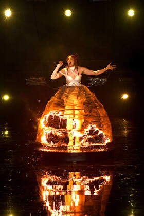 EUROVISION AUSTRALIA FINAL, Jaguar Jonze is seen performing the song Little Fires during the Eurovision Australia Decides 2022 final at the Gold Coast Convention and Exhibition Centre on the Gold Coast, Saturday, February 26, 2022. ( NO ARCHIVING, EDITORIAL USE ONLY, NO USE IN BOOKS WITHOUT CONSENT GOLD COAST QLD AUSTRALIA Copyright: xDARRENxENGLANDx 20220226001628341983