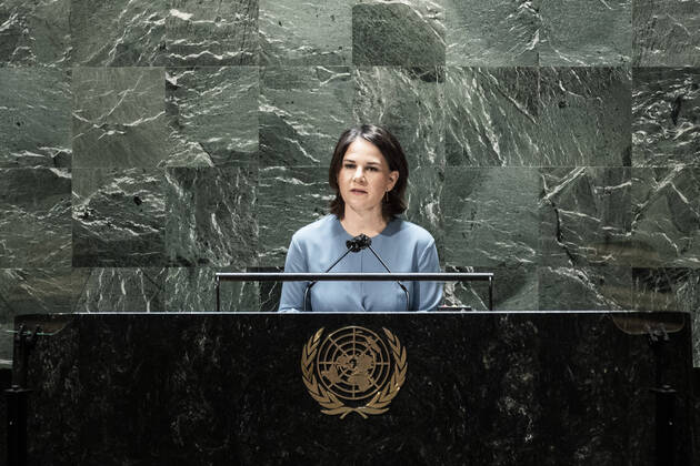 Bilder des Jahres 2022, News 03 März News Themen der Woche KW09 Annalena Baerbock (Buendnis 90 Die Gruenen), Bundesaussenministerin, aufgenommen im Rahmen der UN-Generalversammlung in New York, 01.03.2022. Die Vereinten Nationen kommen zusammen fuer eine Dringlichkeitssitzung aufgrund des Krieges in der Ukraine. New York USA Copyright: xFlorianxGaertnerx
