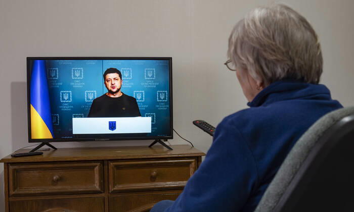 March 2, 2022, Kiev, Ukraine: President Volodymyr Zelensky delivers an urgent televised address to the Ukrainian nation. He accuses Russia of attacking Babin Yar, a mass grave site for Jews who died during the Holocaust. He stresses that the aggressor is waging a war to destroy Ukraine, destroying its cities and villages, civilian infrastructure and committing war crimes. Kiev Ukraine - ZUMAs197 20220302_zaa_s197_031 Copyright: xIgorxGolovniovx