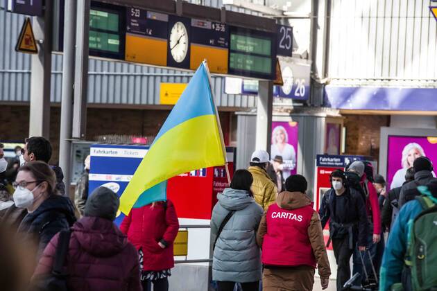March 4, 2022, Munich, Bavaria, Germany: With officially one million externally displaced and many more in Ukraine internally displaced, the European Union has relaxed entry and travel requirements in order to distribute those fleeing the war. The city of Munich, Germany was one of the major destinations for the 2015 refugee crisis and due to this Caritas and the Bahnhofsmission have mobilized to give the refugees information and a short-term place to stay. Currently, many refugees are from Kharkiv and they detail the horrors they say before fleeing their homes. Munich Germany - ZUMAb160 20220304_zbp_b160_002 Copyright: xSachellexBabbarx