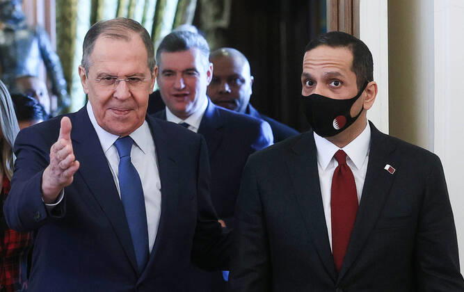Bilder des Jahres 2022, News 03 MÃ¤rz News Themen der Woche KW10 MOSCOW, RUSSIA - MARCH 14, 2022: Russia s Foreign Minister Sergei Lavrov (L) and Qatar s Deputy Prime Minister and Foreign Minister Mohammed bin Abdulrahman bin Jassim Al Thani meet for talks at the Russian Foreign Ministry s Reception House. Alexander Shcherbak TASS  TS127A9F
