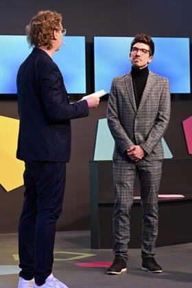 Uke Bosse und Alexander Reinhard Böhm bei der Verleihung des Deutschen Computerspielpreises 2022 in der TonHalle. München, 31.03.2022