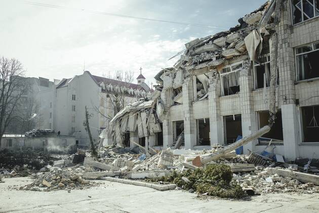 25. Schule, die am 4. März um 9:30 h durch einen russischen Raketenangriff zerstört wurde, Schytomir, Ukraine, Europa Copyright: imageBROKER/FlorianxBachmeier iblfba08195417