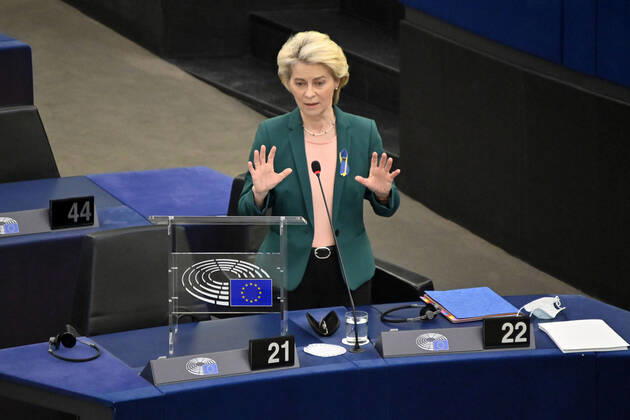 Bilder des Jahres 2022, News 04 April News Themen der Woche KW14 News Bilder des Tages Ursula von der Leyen bei einer Fragestunde zu zwei Jahren Kommission von der Leyen und die Umsetzung der politischen Prioritäten im Plenarsaal des Europäischen Parlaments. Straßburg, 05.04.2022