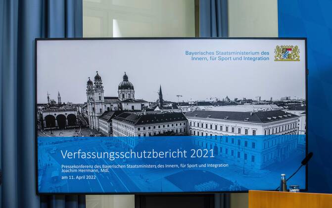 April 11, 2022, Munich, Bavaria, Germany: The Bavarian Verfassungsschutz (Secret Service, Office for the Protection of the Constitution) released the 2021 report detailing threats to the state of Bavaria and the country. Over the past years, conspiracy theorists, new age and wellness extremists, right-extremists, and various enemies of democracy have taken a leading role against the German state and society, with imagery such as the August 2020 storming of the Reichstag and May 2020 3,000 Corona rebels demonstrating at Marienplatz in Munch associated with it. Numerous participants in that storming come from the Bavarian scene and are radicalizing at increasing rates. Munich Germany - ZUMAb160 20220411_zbp_b160_002 Copyright: xSachellexBabbarx
