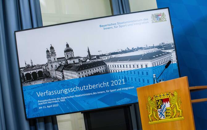 April 11, 2022, Munich, Bavaria, Germany: The Bavarian Verfassungsschutz (Secret Service, Office for the Protection of the Constitution) released the 2021 report detailing threats to the state of Bavaria and the country. Over the past years, conspiracy theorists, new age and wellness extremists, right-extremists, and various enemies of democracy have taken a leading role against the German state and society, with imagery such as the August 2020 storming of the Reichstag and May 2020 3,000 Corona rebels demonstrating at Marienplatz in Munch associated with it. Numerous participants in that storming come from the Bavarian scene and are radicalizing at increasing rates. Munich Germany - ZUMAb160 20220411_zbp_b160_005 Copyright: xSachellexBabbarx