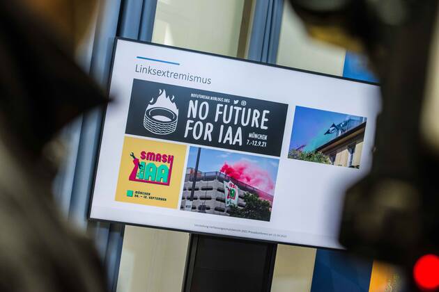 April 11, 2022, Munich, Bavaria, Germany: The Bavarian Verfassungsschutz (Secret Service, Office for the Protection of the Constitution) released the 2021 report detailing threats to the state of Bavaria and the country. Over the past years, conspiracy theorists, new age and wellness extremists, right-extremists, and various enemies of democracy have taken a leading role against the German state and society, with imagery such as the August 2020 storming of the Reichstag and May 2020 3,000 Corona rebels demonstrating at Marienplatz in Munch associated with it. Numerous participants in that storming come from the Bavarian scene and are radicalizing at increasing rates. Munich Germany - ZUMAb160 20220411_zbp_b160_018 Copyright: xSachellexBabbarx
