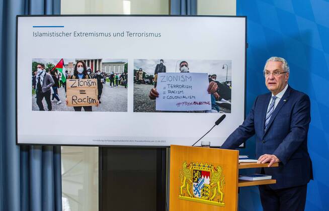 April 11, 2022, Munich, Bavaria, Germany: JOACHIM HERRMANN, Interior Minister of the State of Bavaria. The Bavarian Verfassungsschutz (Secret Service, Office for the Protection of the Constitution) released the 2021 report detailing threats to the state of Bavaria and the country. Over the past years, conspiracy theorists, new age and wellness extremists, right-extremists, and various enemies of democracy have taken a leading role against the German state and society, with imagery such as the August 2020 storming of the Reichstag and May 2020 3,000 Corona rebels demonstrating at Marienplatz in Munch associated with it. Numerous participants in that storming come from the Bavarian scene and are radicalizing at increasing rates. Munich Ge - ZUMAb160 20220411_zbp_b160_023 Copyright: xSachellexBabbarx