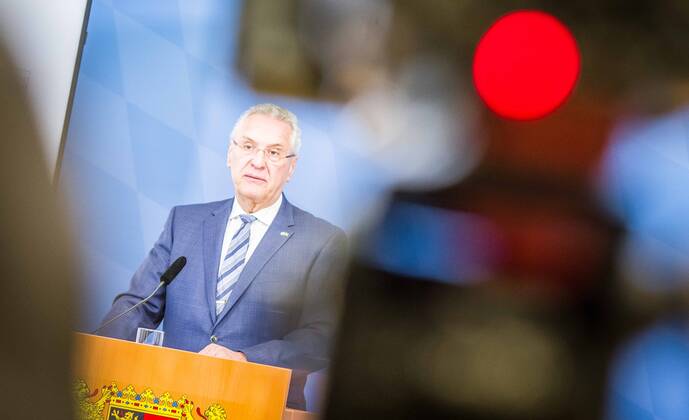 April 11, 2022, Munich, Bavaria, Germany: JOACHIM HERRMANN, Interior Minister of the State of Bavaria. The Bavarian Verfassungsschutz (Secret Service, Office for the Protection of the Constitution) released the 2021 report detailing threats to the state of Bavaria and the country. Over the past years, conspiracy theorists, new age and wellness extremists, right-extremists, and various enemies of democracy have taken a leading role against the German state and society, with imagery such as the August 2020 storming of the Reichstag and May 2020 3,000 Corona rebels demonstrating at Marienplatz in Munch associated with it. Numerous participants in that storming come from the Bavarian scene and are radicalizing at increasing rates. Munich Ge - ZUMAb160 20220411_zbp_b160_025 Copyright: xSachellexBabbarx