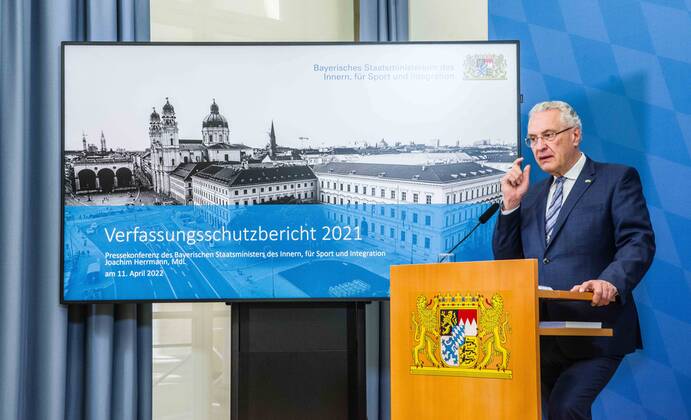 April 11, 2022, Munich, Bavaria, Germany: JOACHIM HERRMANN, Interior Minister of the State of Bavaria. The Bavarian Verfassungsschutz (Secret Service, Office for the Protection of the Constitution) released the 2021 report detailing threats to the state of Bavaria and the country. Over the past years, conspiracy theorists, new age and wellness extremists, right-extremists, and various enemies of democracy have taken a leading role against the German state and society, with imagery such as the August 2020 storming of the Reichstag and May 2020 3,000 Corona rebels demonstrating at Marienplatz in Munch associated with it. Numerous participants in that storming come from the Bavarian scene and are radicalizing at increasing rates. Munich Ge - ZUMAb160 20220411_zbp_b160_028 Copyright: xSachellexBabbarx