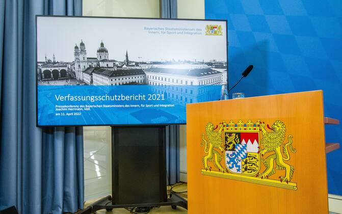 April 11, 2022, Munich, Bavaria, Germany: The Bavarian Verfassungsschutz (Secret Service, Office for the Protection of the Constitution) released the 2021 report detailing threats to the state of Bavaria and the country. Over the past years, conspiracy theorists, new age and wellness extremists, right-extremists, and various enemies of democracy have taken a leading role against the German state and society, with imagery such as the August 2020 storming of the Reichstag and May 2020 3,000 Corona rebels demonstrating at Marienplatz in Munch associated with it. Numerous participants in that storming come from the Bavarian scene and are radicalizing at increasing rates. Munich Germany - ZUMAb160 20220411_zbp_b160_041 Copyright: xSachellexBabbarx
