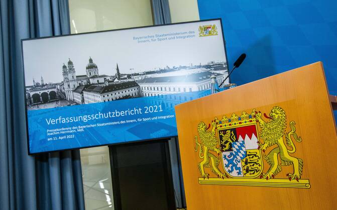April 11, 2022, Munich, Bavaria, Germany: The Bavarian Verfassungsschutz (Secret Service, Office for the Protection of the Constitution) released the 2021 report detailing threats to the state of Bavaria and the country. Over the past years, conspiracy theorists, new age and wellness extremists, right-extremists, and various enemies of democracy have taken a leading role against the German state and society, with imagery such as the August 2020 storming of the Reichstag and May 2020 3,000 Corona rebels demonstrating at Marienplatz in Munch associated with it. Numerous participants in that storming come from the Bavarian scene and are radicalizing at increasing rates. Munich Germany - ZUMAb160 20220411_zbp_b160_042 Copyright: xSachellexBabbarx