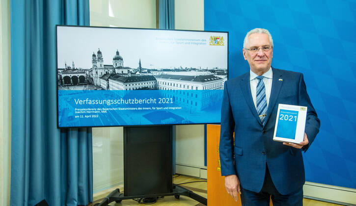 April 11, 2022, Munich, Bavaria, Germany: JOACHIM HERRMANN, Interior Minister of the State of Bavaria. The Bavarian Verfassungsschutz (Secret Service, Office for the Protection of the Constitution) released the 2021 report detailing threats to the state of Bavaria and the country. Over the past years, conspiracy theorists, new age and wellness extremists, right-extremists, and various enemies of democracy have taken a leading role against the German state and society, with imagery such as the August 2020 storming of the Reichstag and May 2020 3,000 Corona rebels demonstrating at Marienplatz in Munch associated with it. Numerous participants in that storming come from the Bavarian scene and are radicalizing at increasing rates. Munich Ge - ZUMAb160 20220411_zbp_b160_044 Copyright: xSachellexBabbarx