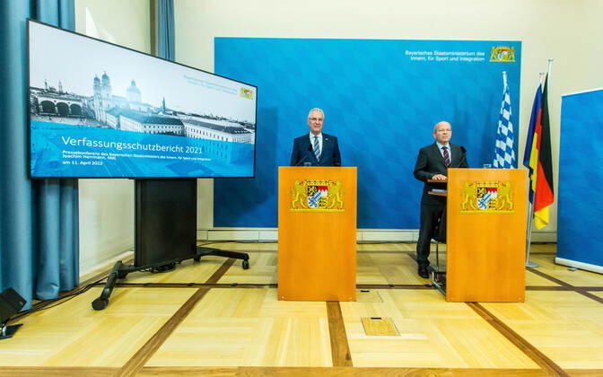April 11, 2022, Munich, Bavaria, Germany: BURKHARD KOERNER (Burkhard Ko¶rner) Praesident of the Bavarian Verfassungsschutz with JOACHIM HERRMANN, Interior Minister of the State of Bavaria. The Bavarian Verfassungsschutz (Secret Service, Office for the Protection of the Constitution) released the 2021 report detailing threats to the state of Bavaria and the country. Over the past years, conspiracy theorists, new age and wellness extremists, right-extremists, and various enemies of democracy have taken a leading role against the German state and society, with imagery such as the August 2020 storming of the Reichstag and May 2020 3,000 Corona rebels demonstrating at Marienplatz in Munch associated with it. Numerous participants in that st - ZUMAb160 20220411_zbp_b160_048 Copyright: xSachellexBabbarx