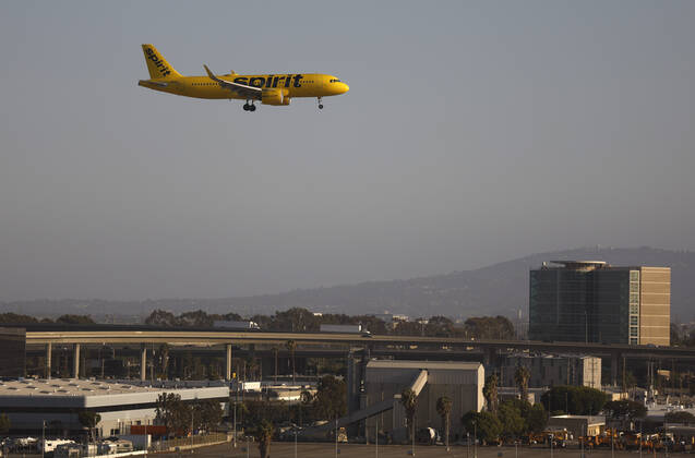April 12, 2022, Los Angeles, California, USA: A Spirit Airlines Airbus A320 aircraft arrives at Los Angeles International Airport, known as LAX. Los Angeles USA - ZUMA 20220412_mda_a97_206 Copyright: xK.C.xAlfredx
