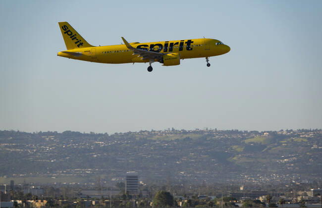 April 12, 2022, Los Angeles, California, USA: A Spirit Airlines Airbus A320 aircraft arrives at Los Angeles International Airport, known as LAX. Los Angeles USA - ZUMA 20220412_mda_a97_212 Copyright: xK.C.xAlfredx