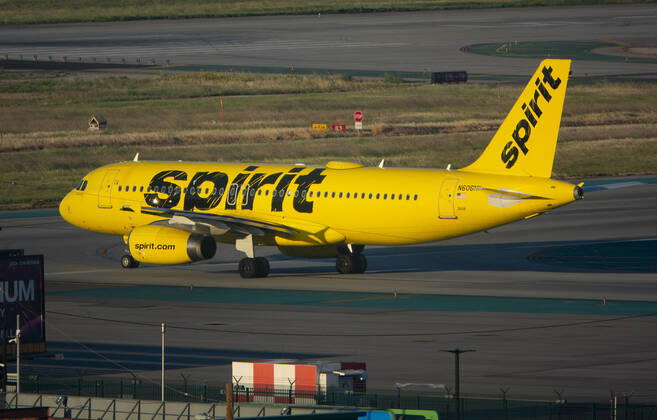 April 12, 2022, Los Angeles, California, USA: A Spirit Airlines Airbus A320 aircraft taxis at Los Angeles International Airport, known as LAX. Los Angeles USA - ZUMA 20220412_mda_a97_214 Copyright: xK.C.xAlfredx