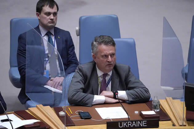 Bilder des Jahres 2022, News 04 April News Themen der Woche KW16 United Nations Security Council Meets On War In Ukraine Sergiy Kyslytsya, permanent representative of Ukraine to the United Nations speaks during the UN Security Council meeting about the current situation in Ukraine at the United Nations Headquarters on April 19,2022 in New York City, USA. The Secretary General called for an immediate cease fire during the Holy Week and the opening of humanitarian pathways to freedom for Ukrainians. The impetus for the ceasefire stemmed from Monday™s Russian offensive along most of the eastern border of Ukraine. New York City NY United States  Copyright: xJohnxLamparskix originalFilename: lamparski-unitedna220419_npsqF.jpg