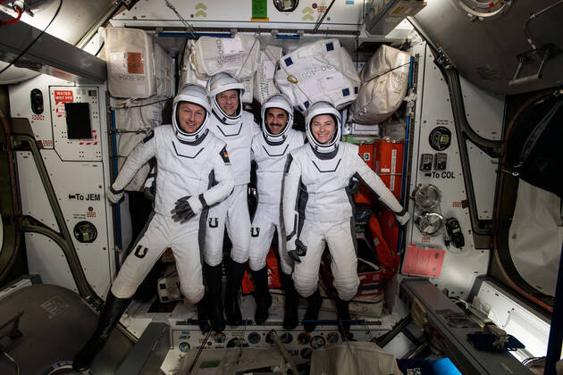 April 21, 2022 - Earth Atmosphere - The four commercial crew astronauts representing the SpaceX Crew-3 mission are pictured in their Dragon spacesuits for a fit check aboard the International Space Station s Harmony module. From left, are ESA (European Space Agency) astronaut Matthias Maurer, and astronauts Tom Marshburn, Raja Chari, and Kayla Barron. Earth Atmosphere - ZUMAz03_ 20220421_ssw_z03_748 Copyright: xNASAx
