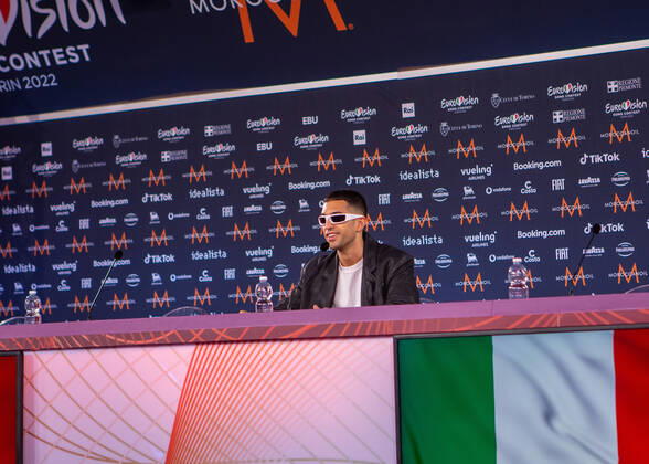 Eurovision Song Contest 2022 Mahmood &amp; Blanco (Brividi) Italy during the Eurovision Song Contest 2022, artists press conference, on 05 May 2022, at Pala Alpitour in Turin, Italy. Turin Italy  Copyright: xNderimxKacelix originalFilename: livemedia-eurovisi220505_npxQ5.jpg