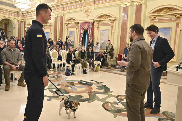 May 8, 2022, Kyiv, Ukraine: Ukrainian President Volodymyr Zelenskyy, presents a medal to Patron, a beagle dog who detects land mines and teaches children about mine safety as Canadian Prime Minister Justin Trudeau, right, looks on at Mariinsky Palace, May 8, 2022 in Kyiv, Ukraine. Kyiv Ukraine - ZUMAp138 20220508_zaa_p138_091 Copyright: xUkrainexPresidency UkrainexPresix