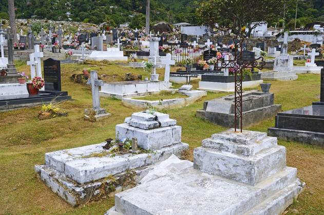 landestypische Graeber auf dem Friedhof der Hauptstadt Victoria, Seychellen, Mahe typical graveyard of the capital town victoria, Seychelles, Mahe BLWS667087