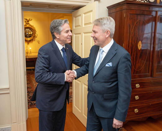 News Bilder des Tages May 27, 2022, Washington, District Of Columbia, USA: Secretary of State ANTONY J. BLINKEN, right, holds a joint press conference with Finnish Foreign Minister PEKKA HAAVISTO, left, at the U.S. Department of State. Washington USA - ZUMAz03_ 20220527_new_z03_047 Copyright: xFreddiexEverettx