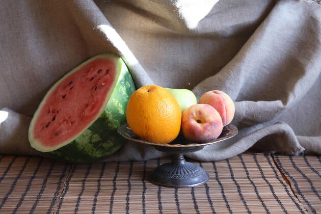 Still life with various fruits in metal bowl near sliced watermelon , 19969076.jpg, Fruit, Berry, Watermelon, Food, Summer, Plant, Healthy Eating, Dessert, Background, Macro, Closeup, Red, Slice, Cut, Portion, Plate, Table, Dishware, Morning, Breakfast, Bowl, Still Life, Bowl, Peach, Apple, Orange, Canvas, Decoration, Interior, Vintage, Retro,