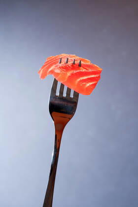 Closeup of steel fork with slice of salmon on dark background , 20446804.jpg, Salmon, Trout, Chinook, Fish, Snack, Appetizer, Gourmet, Meal, Food, Cooking, Restaurant, Portion, Slice, Eating, Seafood, Delicacy, Salted, Fork, Silverware,
