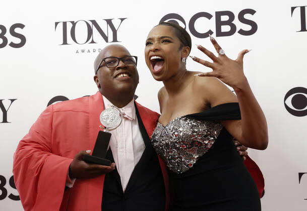 Jennifer Hudson and Michael R. Jackson arrive in the press room with a Tony Award at The 75th Annual Tony Awards at Radio City Music Hall on June 12, 2022 in New York City.  NYP20220612220 JOHNxANGELILLO