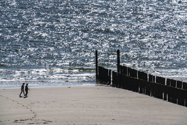 Spaziergänger am Strand bei Zoutelande, Wellenbrecher, Provinz Zeeland, Halbinsel Walcheren, Niederlande, Strand Zeeland
