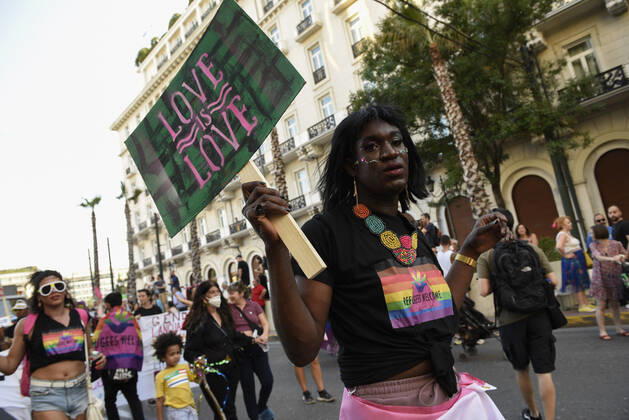 June 18, 2022, Athens, Greece: People march waving rainbow flags and holding placards, during the Athens Pride anual parade. Thousands demonstrated during the Athens Pride 2022 parade to raise awareness, elevate the visibility of LGBTQ persons in Greek society and defend their rights against sexual discrimination. Athens Greece - ZUMAg221 20220618_zap_g221_031 Copyright: xNikolasxGeorgioux