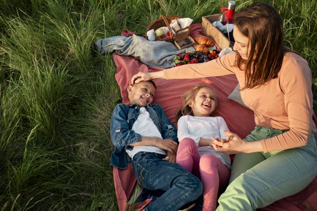 Mother sitting by happy children on picnic blanket model released, Symbolfoto, ZEDF04602