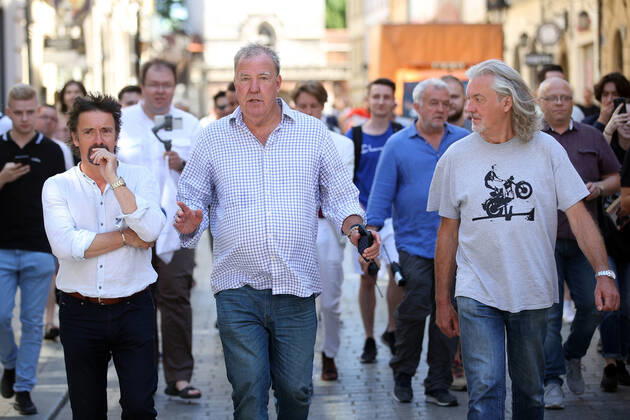 June 24, 2022, Krakow, Poland: The Grand Tour stars, Jeremy Clarkson, Richard Hammond and James May, visit Cracow, Poland, while on tour filming the show. The Grand Tour is a British motoring television series, created by Jeremy Clarkson, Richard Hammond, James May, and Andy Wilman, made for Amazon exclusively for its online streaming service Amazon Prime Video which premiered in 2016. The programme was conceived in the wake of the departure of Clarkson, Hammond, May and Wilman from the BBC series Top Gear. Krakow Poland - ZUMAs197 20220624_zaa_s197_588 Copyright: xVitoxCorleonex