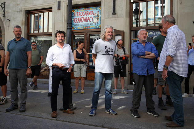 June 24, 2022, Krakow, Poland: The Grand Tour stars, Jeremy Clarkson, Richard Hammond and James May, visit Cracow, Poland, while on tour filming the show. The Grand Tour is a British motoring television series, created by Jeremy Clarkson, Richard Hammond, James May, and Andy Wilman, made for Amazon exclusively for its online streaming service Amazon Prime Video which premiered in 2016. The programme was conceived in the wake of the departure of Clarkson, Hammond, May and Wilman from the BBC series Top Gear. Krakow Poland - ZUMAs197 20220624_zaa_s197_595 Copyright: xVitoxCorleonex