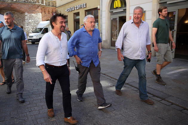 June 24, 2022, Krakow, Poland: The Grand Tour stars, Jeremy Clarkson, Richard Hammond and James May, visit Cracow, Poland, while on tour filming the show. The Grand Tour is a British motoring television series, created by Jeremy Clarkson, Richard Hammond, James May, and Andy Wilman, made for Amazon exclusively for its online streaming service Amazon Prime Video which premiered in 2016. The programme was conceived in the wake of the departure of Clarkson, Hammond, May and Wilman from the BBC series Top Gear. Krakow Poland - ZUMAs197 20220624_zaa_s197_594 Copyright: xVitoxCorleonex