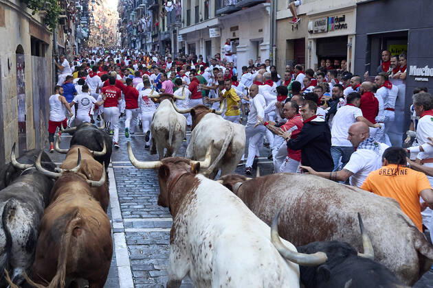 Bilder des Jahres 2022, News 07 Juli News Themen der Woche KW27 News Bilder des Tages Spanien, Stier-Hatz in Pamplona July 10, 2022, Pamplona, Spain: Crowd of young men run ahead of the bulls from the livestock of La Palmosilla, in the fourth running of the bulls of the San Fermin 2022 festivities, in Pamplona. Pamplona Spain - ZUMAs197 20220710_zaa_s197_248 Copyright: xFernandoxPidalx