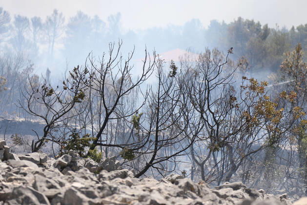 PXL_A fire near Vodice, Croatia Fire in an open area near the Velika Mrdakovica archaeological site in the Vodice hinterland, Croatia on July 13, 2022. About 30 firefighters with a dozen vehicles are on the ground, and two Canadairs joined the ground forces in extinguishing the fire. There are pine forests above, low vegetation, and endangered buildings. DuskoxJaramaz PIXSELL