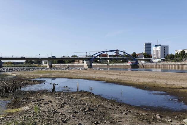 Niedrigwasser an der Oder Frankfurt Oder, 24.07.2022 - Blick vom polnischen Slubice auf die Stadt Frankfurt (Oder) in Brandenburg.Niedrige Pegelstaende der Oder legen derzeit große Sandbaenke frei. Frankfurt Oder Brandenburg Deutschland