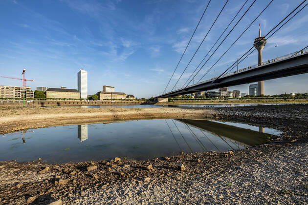 Bilder des Jahres 2022, News 07 Juli News Themen der Woche KW29 News Bilder des Tages Rhein bei Düsseldorf, extremes Niedrigwasser, Rheinpegel bei 81 cm, Tendenz fallend, nach lange Dürre fällt das linke Rheinufer, bei Düsseldorf Oberkassel trocken, Rheinkniebrücke, Rheinturm, NRW, Deutschland, Rhein Niedrigwasser