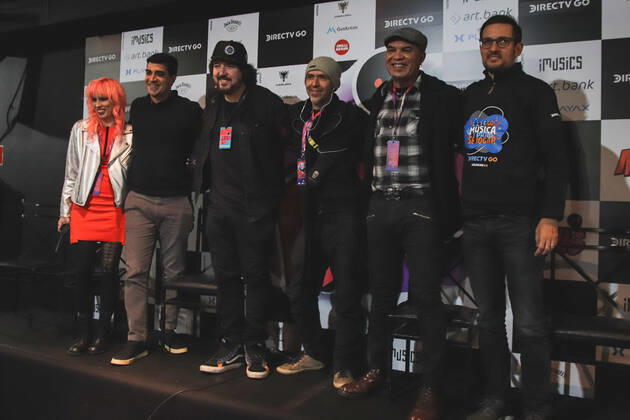 SÃO PAULO, SP - 10.08.2022: COLETIVA E PREVIEW DO PREMIO MUS - Press conference for the launch of the MUS Award at Audio in São Paulo on Wednesday night (10). The award seeks to promote, amplify and support new and old talents in Brazilian music. In the photo, Madame Mim, curator and founder of the event, Cristiano Ayres, president of Banco Mocal, Marcão Britto, curator and guitarist for Charlie Brown Jr, Marcelo Rossi, creator of the event, Clemente Nascimento, curator and Raphael Denadai, representative of DirectTV, event sponsor. x2247722x YurixMurakami