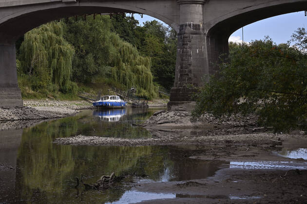 Der Rhein bei extremen Niedrigwasser: Bei Bad Honnef Rhöndorf, unterhalb des Drachenfels, liegt nicht nur das historische Rheinschiff Aalschokker Aranka im Altrheinarm an der Insel Grafenwerth auf Grund. Das Wasser in dem Seitenarm des Rhein ist so weit zurückgegangen, dass einige Boote, Kutter und Segelschiffe auf dem Trockenen liegen. (Themenbild, Symbolbild) Bonn, 16.08.2022 NRW Deutschland Copyright: xDwixAnoraganingrumx