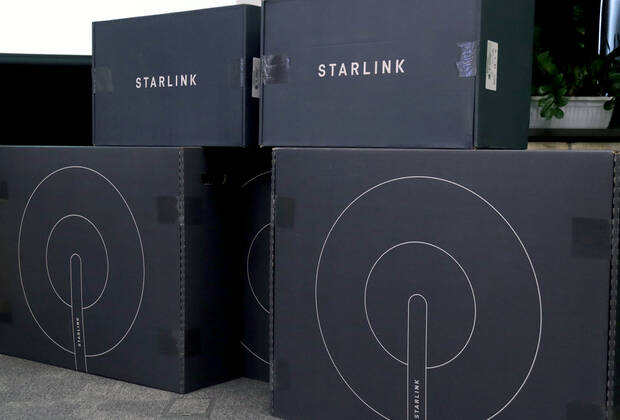 KYIV, UKRAINE - AUGUST 22, 2022 - Some of the 5,000 Starlink kits provided by Poland to Ukraine are on display during a joint briefing of Deputy Prime Minister, Minister of Digital Transformation of Ukraine Mykhailo Fedorov and Poland s Secretary of State, Government Plenipotentiary for Cyber Security Janusz Cieszynski on the integration of Diia and mObywatel apps and an interactive presentation of Starlink kits, Kyiv, capital of Ukraine. This photo cannot be distributed in the Russian Federation. Press briefing of Mykhailo Fedorov and Janusz Cieszynski in Kyiv  Copyright: xAnatoliixSirykx