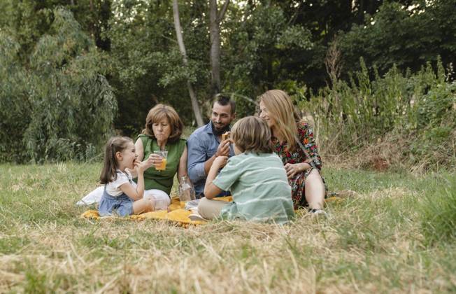 Happy family eating together at park model released, Symbolfoto, JCCMF06833