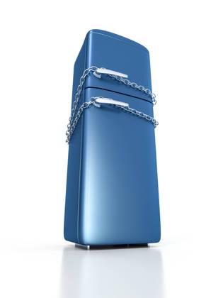 An image of a blue refrigerator locked with chains , 21436902.jpg, fridge, chain, lock, refrigerator, diet, white, food, locked, freezer, hunger, isolated, kitchen, background, door, close, cold, vintage, safety, fresh, safe, concept, illustration, object, cool, blue, dark, big, nobody, symbol, retro, closed, home, 3d, classic, protection, high,