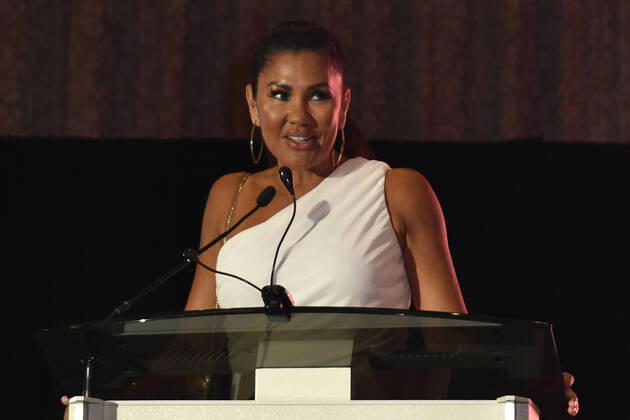 LAS VEGAS, NV - AUGUST 27: Mia St.John speaking at the Induction Ceremony & Dinner for the 2022 Nevada Boxing Hall Of Fame at Resorts World Las Vegas in Las Vegas,Nevada, on August 27, 2022. Copyright: xDeeCeexCarterx